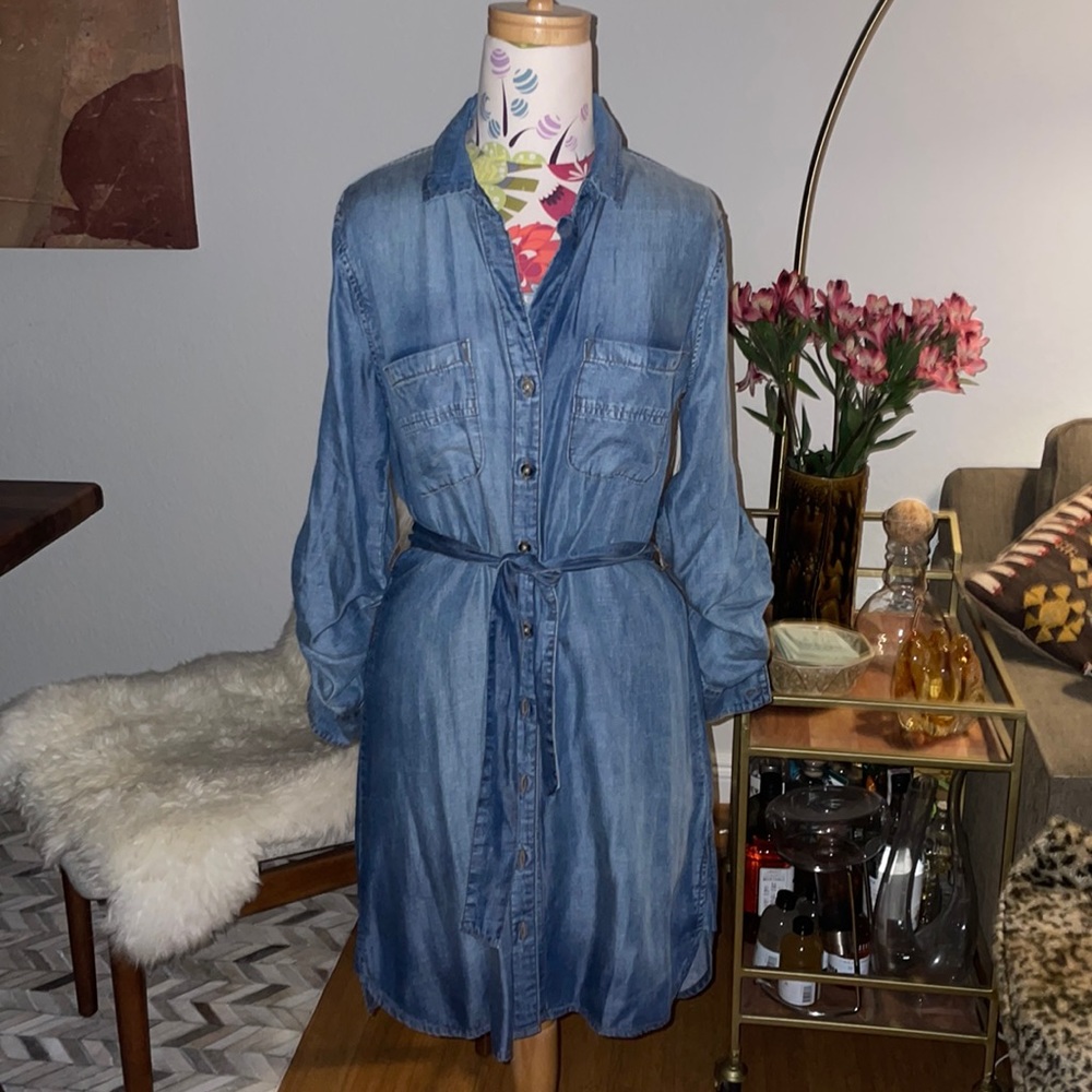cloth & stone Blue Denim Shirt Dress with Tie Waist